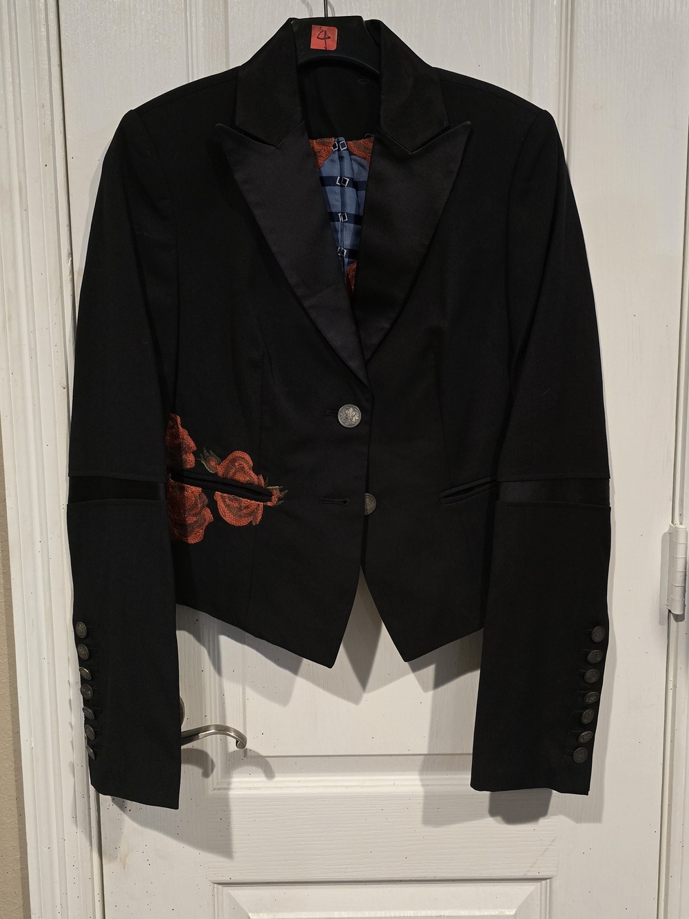 Asylum Raw 7 YTK Black Women's Blazer Jacket with Rose Embroidery NWT